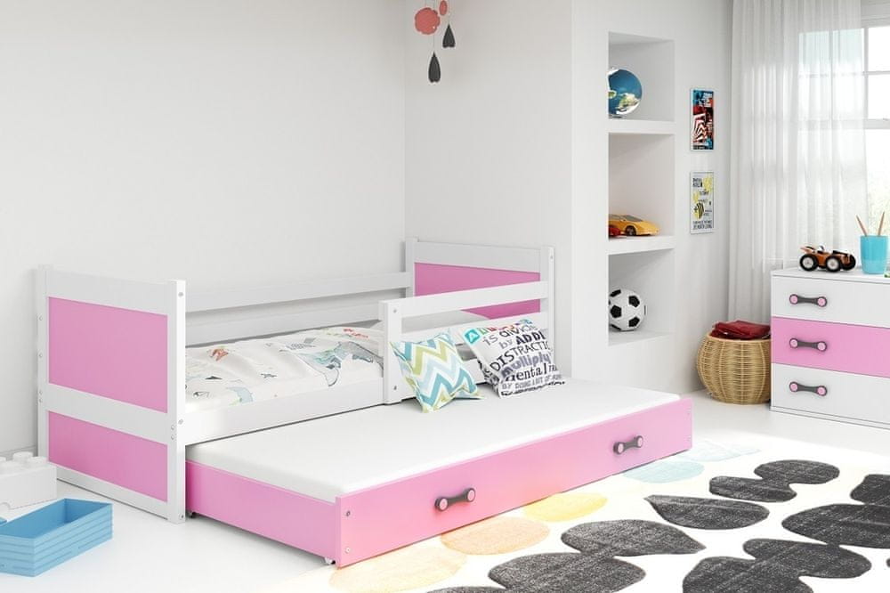 eoshop Detská posteľ s prístelkou RICO 2 90x200 cm, biela / ružová (Voľba matraca: Penový matrac)